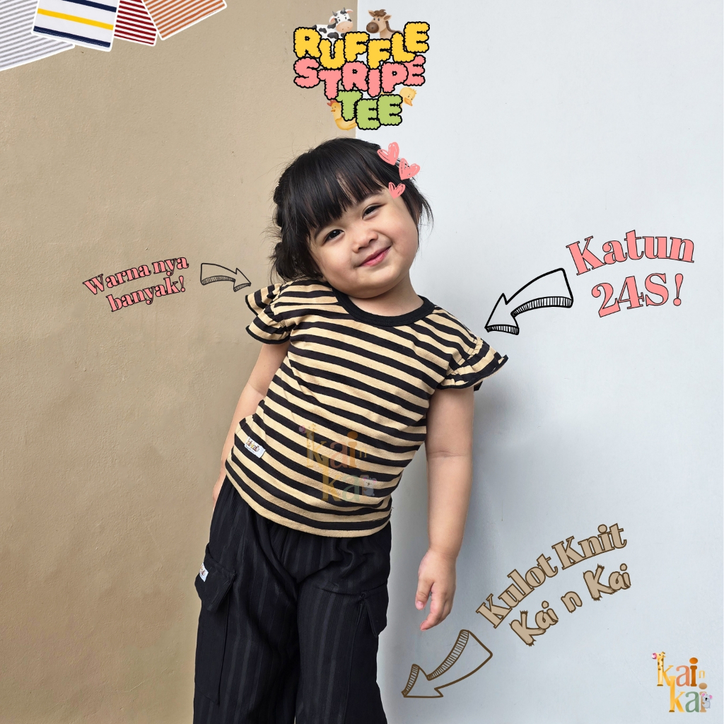 [KainKai] BAJU ANAK RUFFLE STRIPE KAOS HARIAN BASIC TEE SHIRT COTTON COMBED 24S KETEKAN