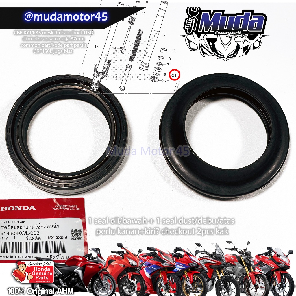 SEAL SHOCK DEPAN CBR250RR CB150X K3B CBR150R K45R CB150R K15P PNP CRF150L SET FR FORK 37 37MM 51490-