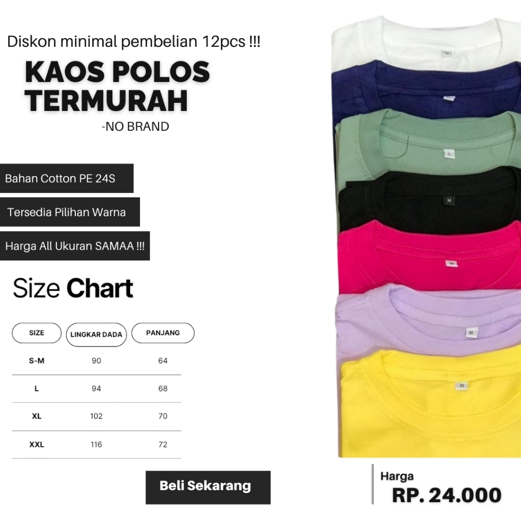 [LANGSUNG DARI PABRIK] [HARGA RESELLER] Kaos Polos Lengan Pendek Bahan Cotton, Combad Unisex Cewek C