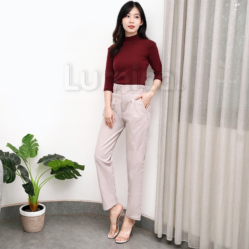 Baggy Pants Highwaist Celana Wanita bahan Katun Pinggang Belakang Karet
