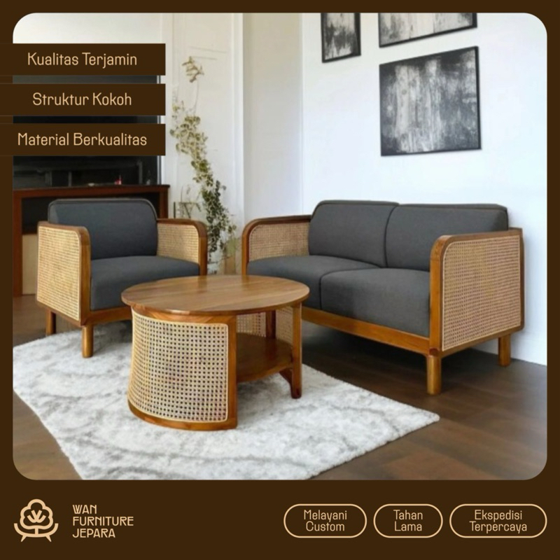 kursi sofa tamu rotan kayu jati