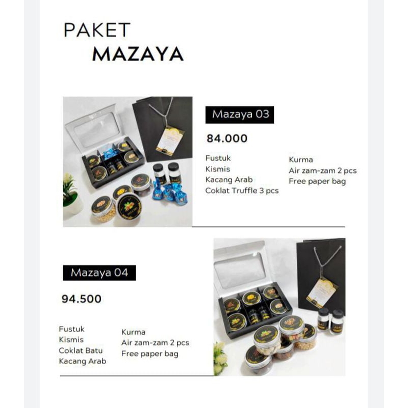 

paket oleh oleh haji dan umroh box mazaya 1, 2, 3 , dan 4, spek digambar ya