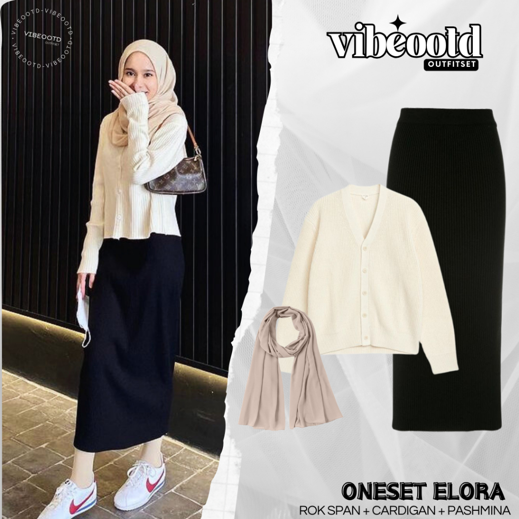 Elora Outfit Set Wanita Hijab ( Rok Span + Cardigan Rajut +  Pashmina Jersey  ) Setelan Simple Hijab