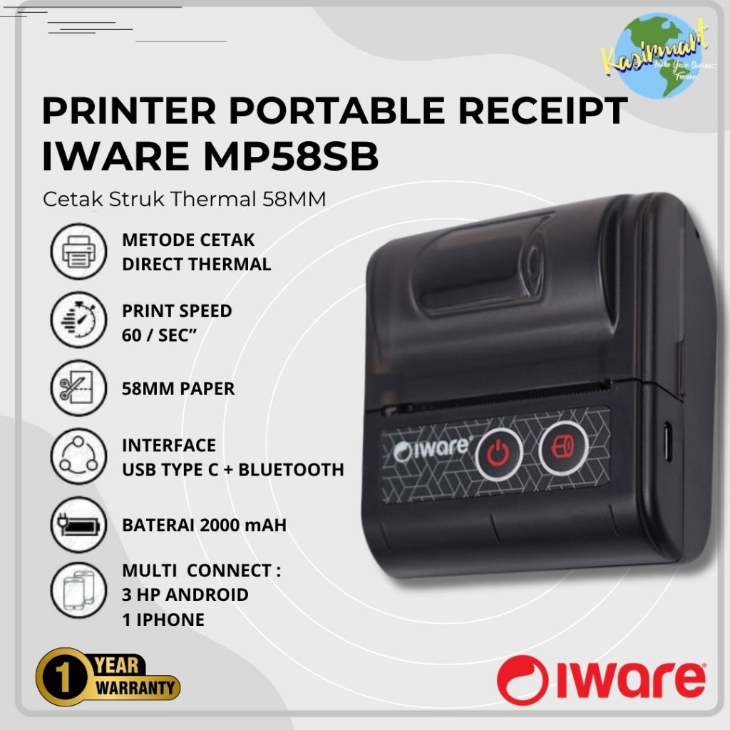 Iware MP58SB Printer Thermal Kasir 58mm USB BT Bluetooth  MP58-SB MP 58SB RPP02N Cetak Struk PPOB