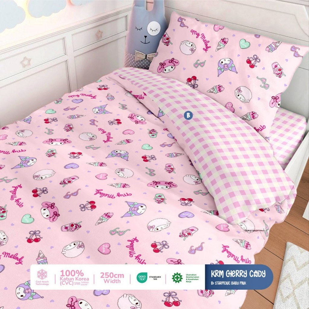 Bedcover Set Katun Bintang Kecil Motif Krm Cherry Cady Pink