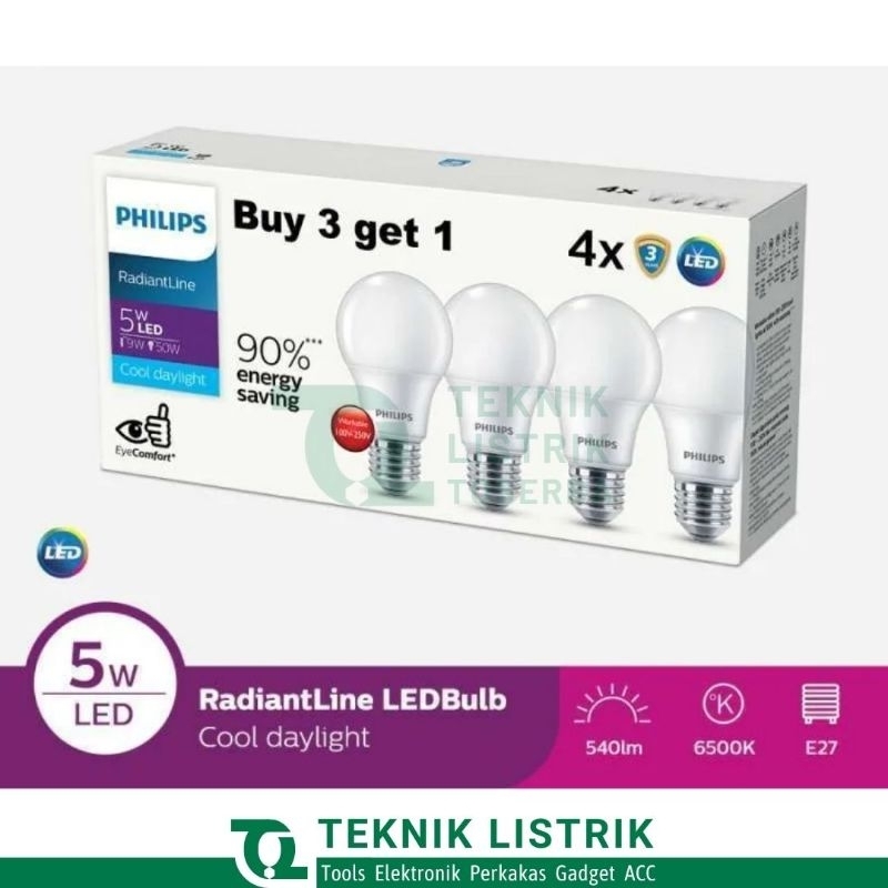 Philips Lampu Bohlam LED 5 Watt Paket Beli 3 Gratis 1 Radiantline 6500K 5W