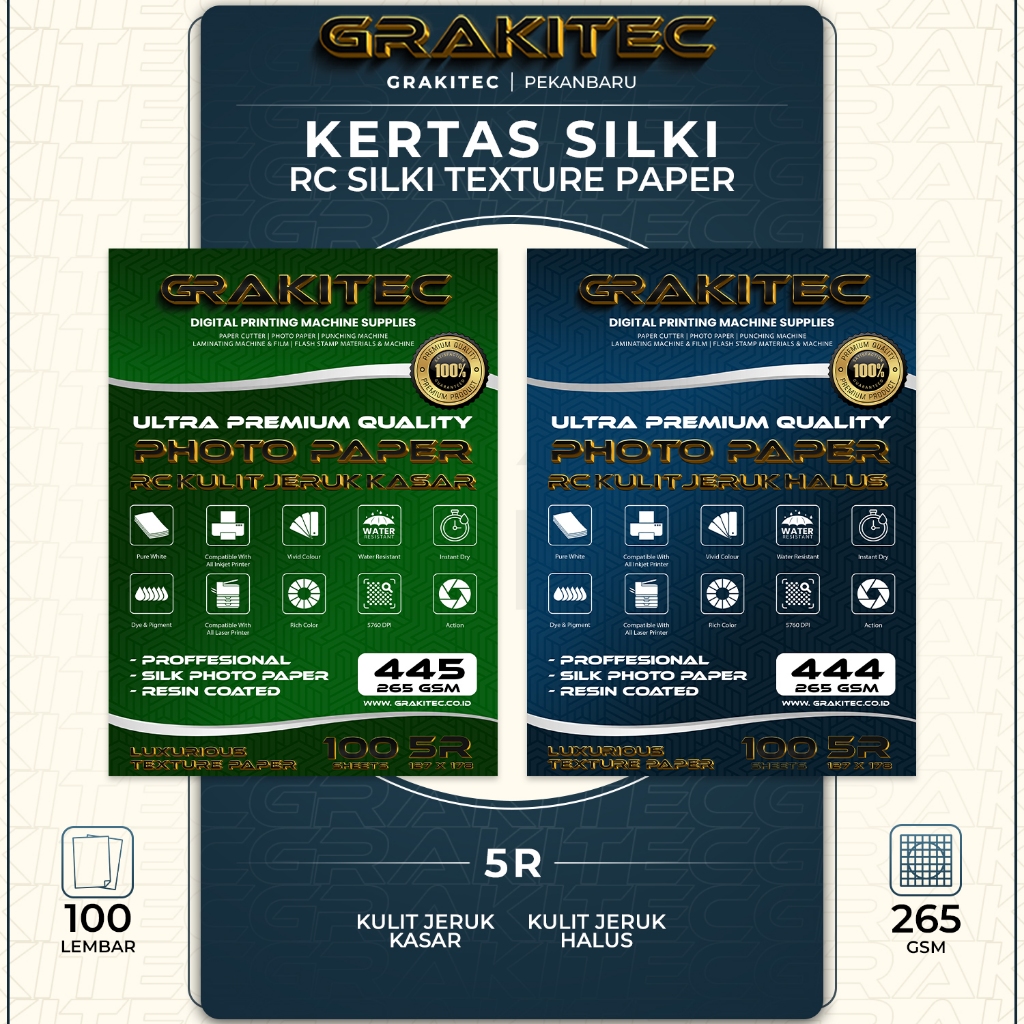 

Grakitec Kertas Foto Silki 5R isi 100 Lembar Texture Kulit Jeruk Doff Professional Silki, RC Glossy Photo Paper, Doff Halus, Canvas, Doff Kasar / Luster Resin Coated PKU