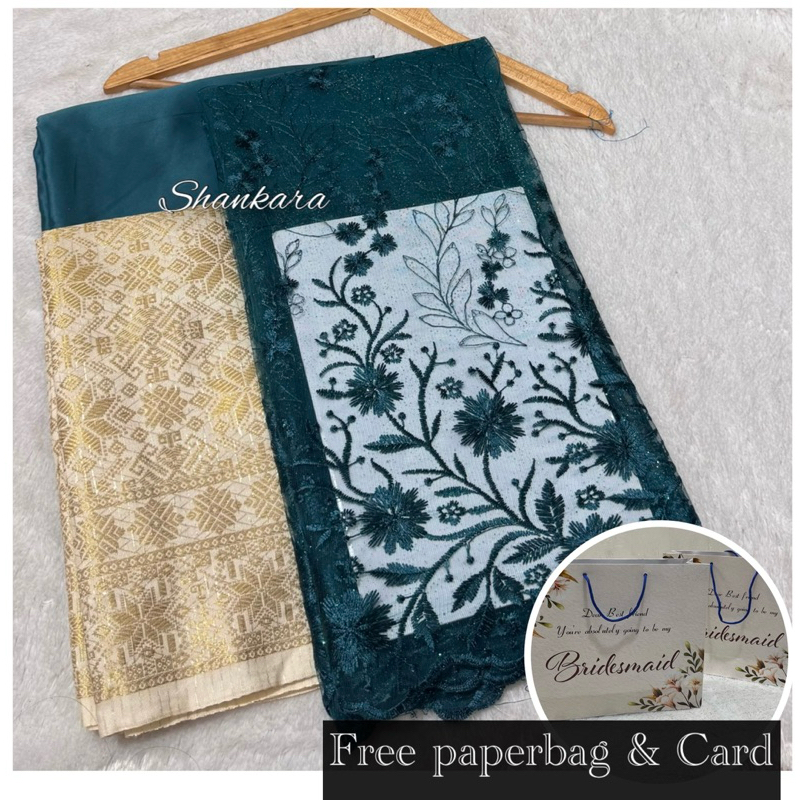 Set/Paket Kain Bridesmaid Tile Sakura Bordir, Kain Satin(Furing) & Songket/Kain seragam bridesmaid, 