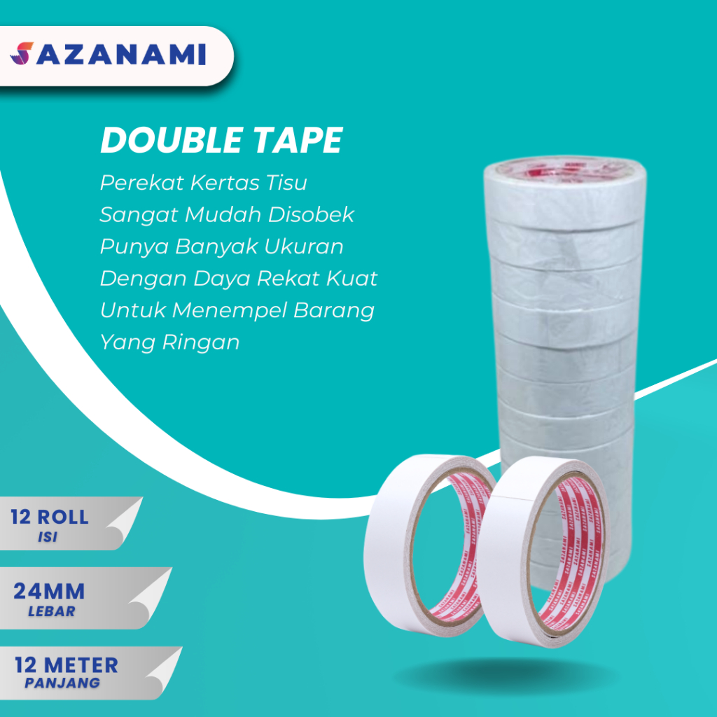 

DOUBLE TAPE 1" 24MM x 12 M DOUBLETAPE KERTAS PUTIH SAZANAMI ISI 12ROL