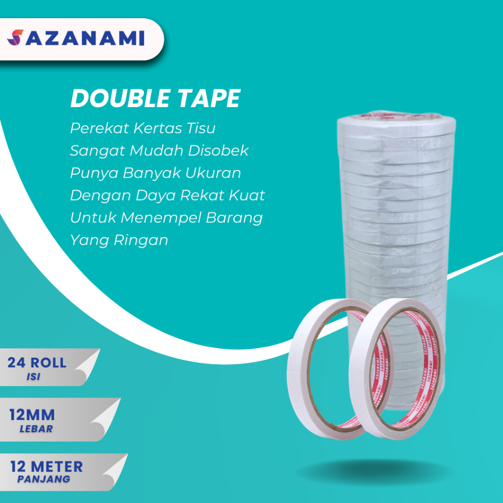 

RB Double Tape 12mm x 12 Meter DoubleTape Kertas Putih SAZANAMI isi 24Rol
