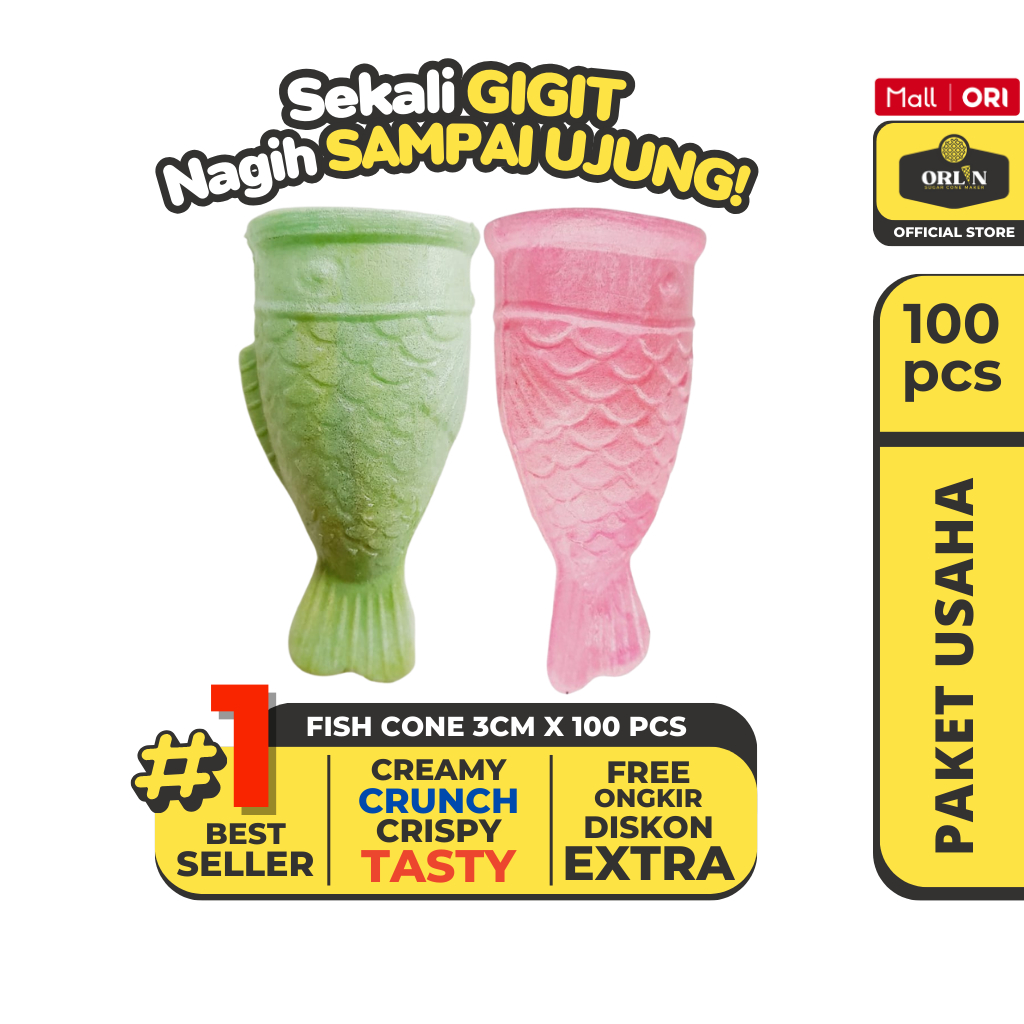 

ORLIN Paket Usaha Wafer Fish Cone Ice Cream 3cm x 9cm Isi 100pcs Sekali Gigit, Nagih Sampai Ujung