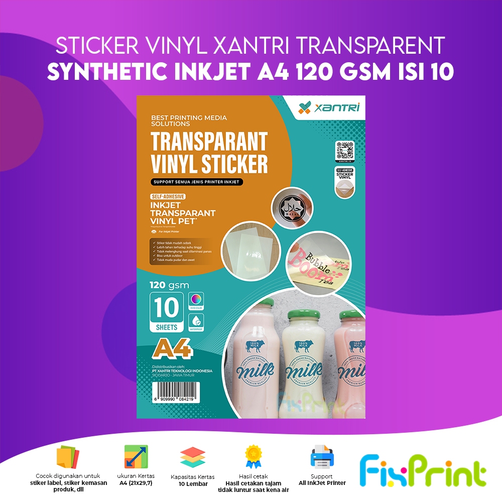 

FixPrint Sticker Vinyl Xantri Synthetic Matte / Glossy / Transparent Transparan InkJet White A4 170gsm 120gsm Sintetis Isi 10 / 20 Lembar