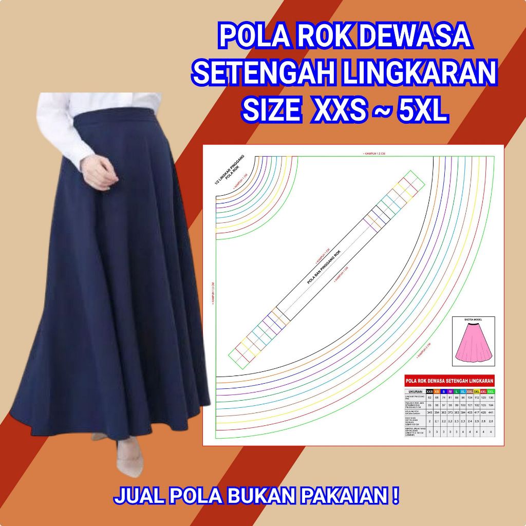 POLA JIPLAK ROK SETENGAH LINGKARAN | POLA MENJAHIT SEWING PATTERN