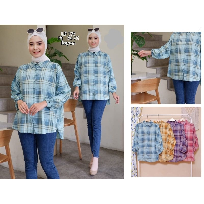 Kemeja Wanita Oversize Motif Kotak / Atasan Blouse Wanita Motif Kotak Bahan Rayon
