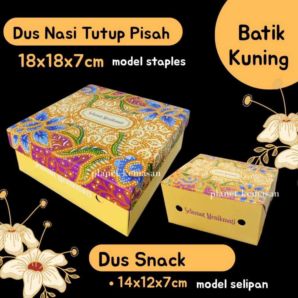 Dus nasi 18x18x7 tutup pisah motif batik kuning dus snack 14x12x7cm box nasi dus snack batik dus nas