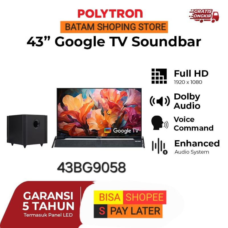 TV POLYTRON 43 INCH SMART TV LED 43BG9058 SOUNDBAR GARANSI RESMI