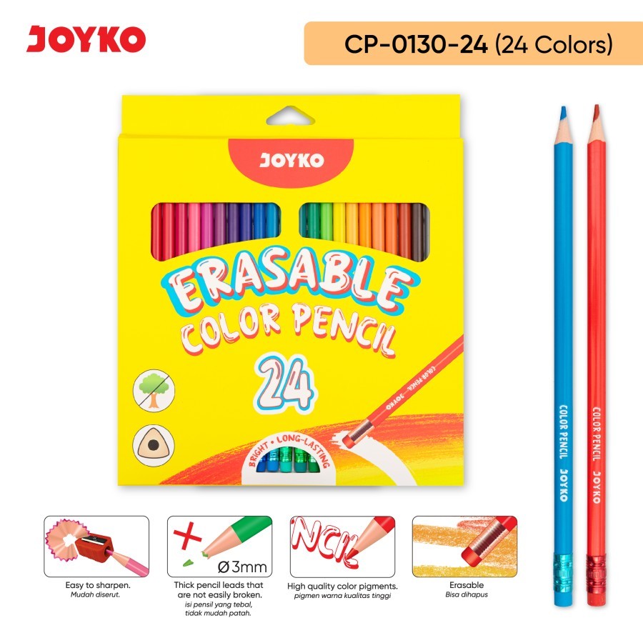

Pensil Warna Dapat Dihapus Joyko CP-0130-24 Triangle Grip Erasable Color Pencil 24 Warna