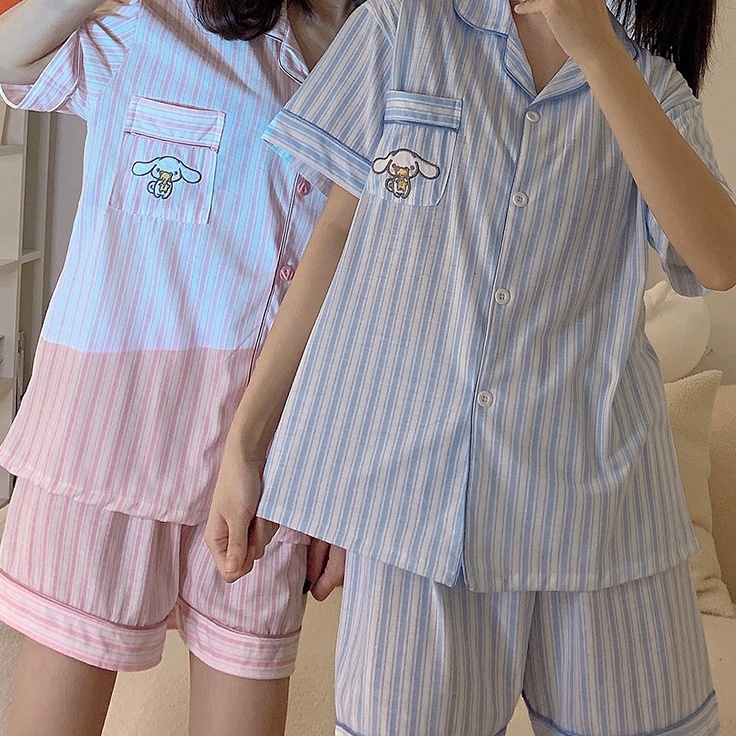 Yee Un Sleepwear Piyama Korea Baju Tidur Wanita Kancing Lengan Pendek Celana Pendek Motif Garis Kara