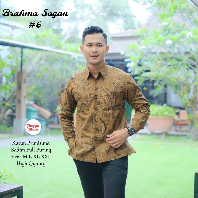 Atasan kemeja batik pria lengan panjang brahma sogan
