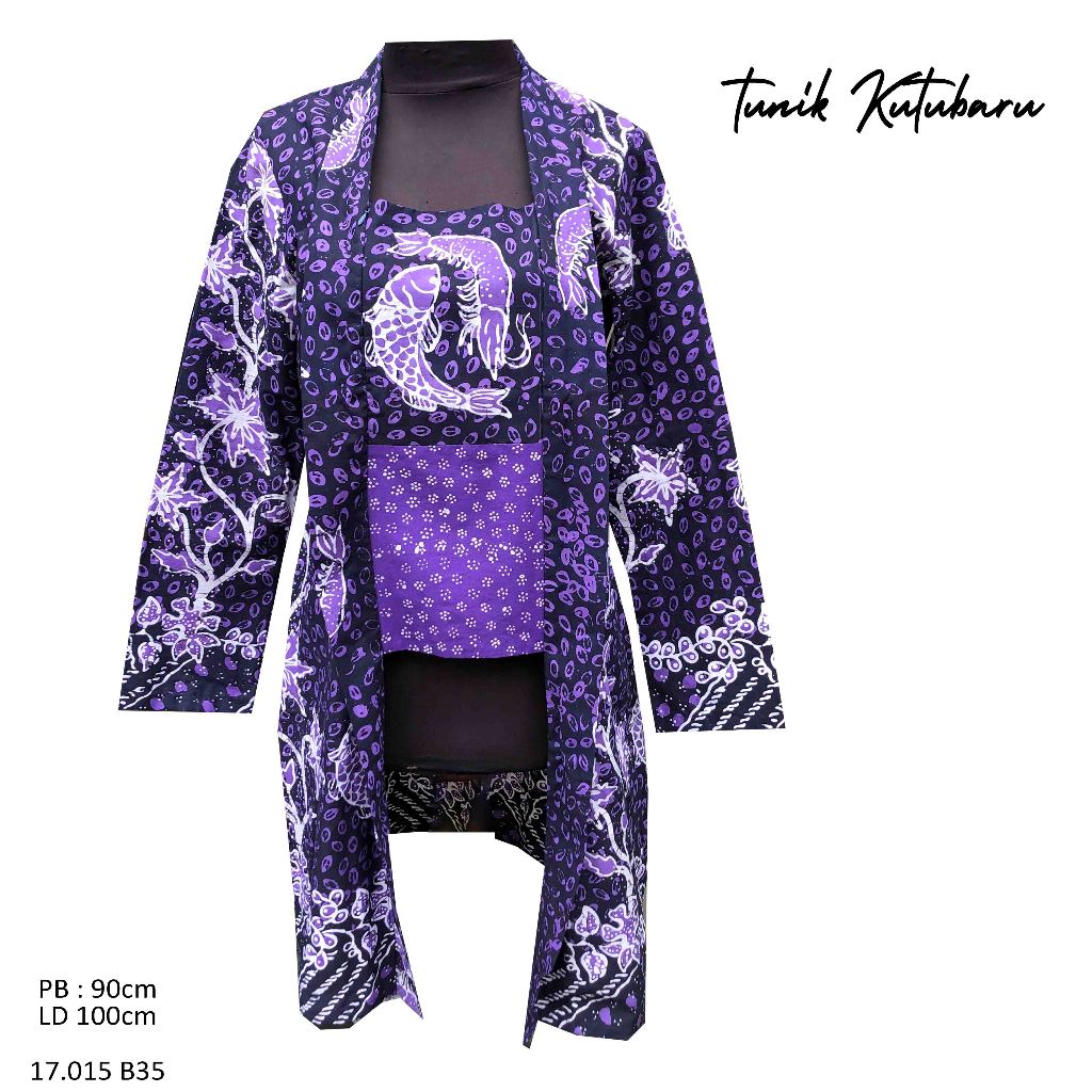 tunik kutubaru - kutubaru modern - outfit batik kekinian - atasan batik wanita - kutubaru ungu