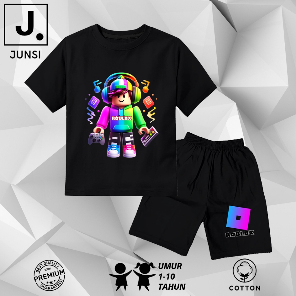 Baju setelan stelan set kaos katun anak laki laki perempuan motif roblox game celana pendek