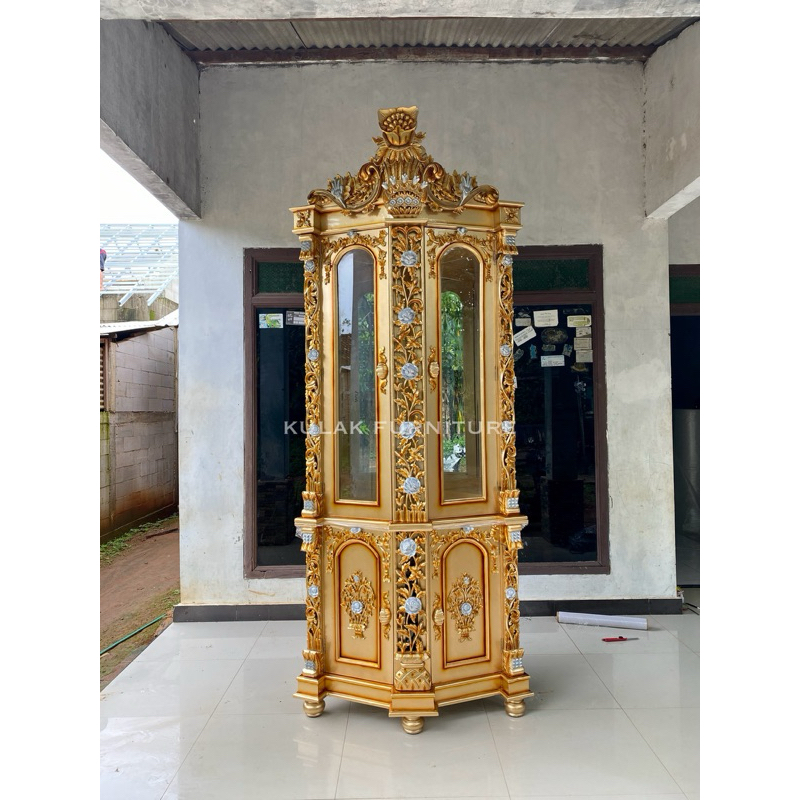 lemari sudut shima ukir mewah kayu jati / lemari hias ruang tamu