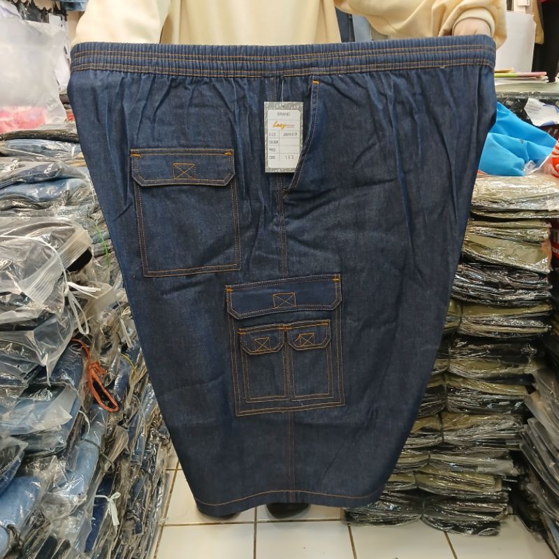 Celana Pendek Cargo Jeans Jumbo Pria / Celana Pendek Kolor Pinggang Karet Bahan Jeans Tebal Pria Jum