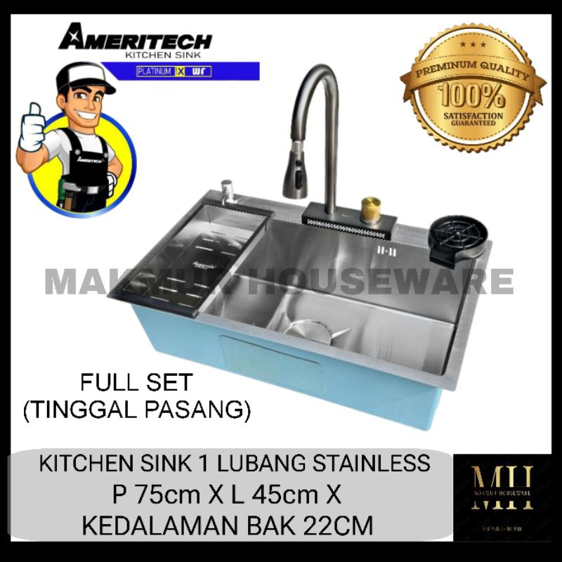 BAK CUCI PIRING 1 LUBANG STAINLESS AMERITECH / SINK CUCI PIRING 1 LUBANG STAINLESS 75CMX45CM