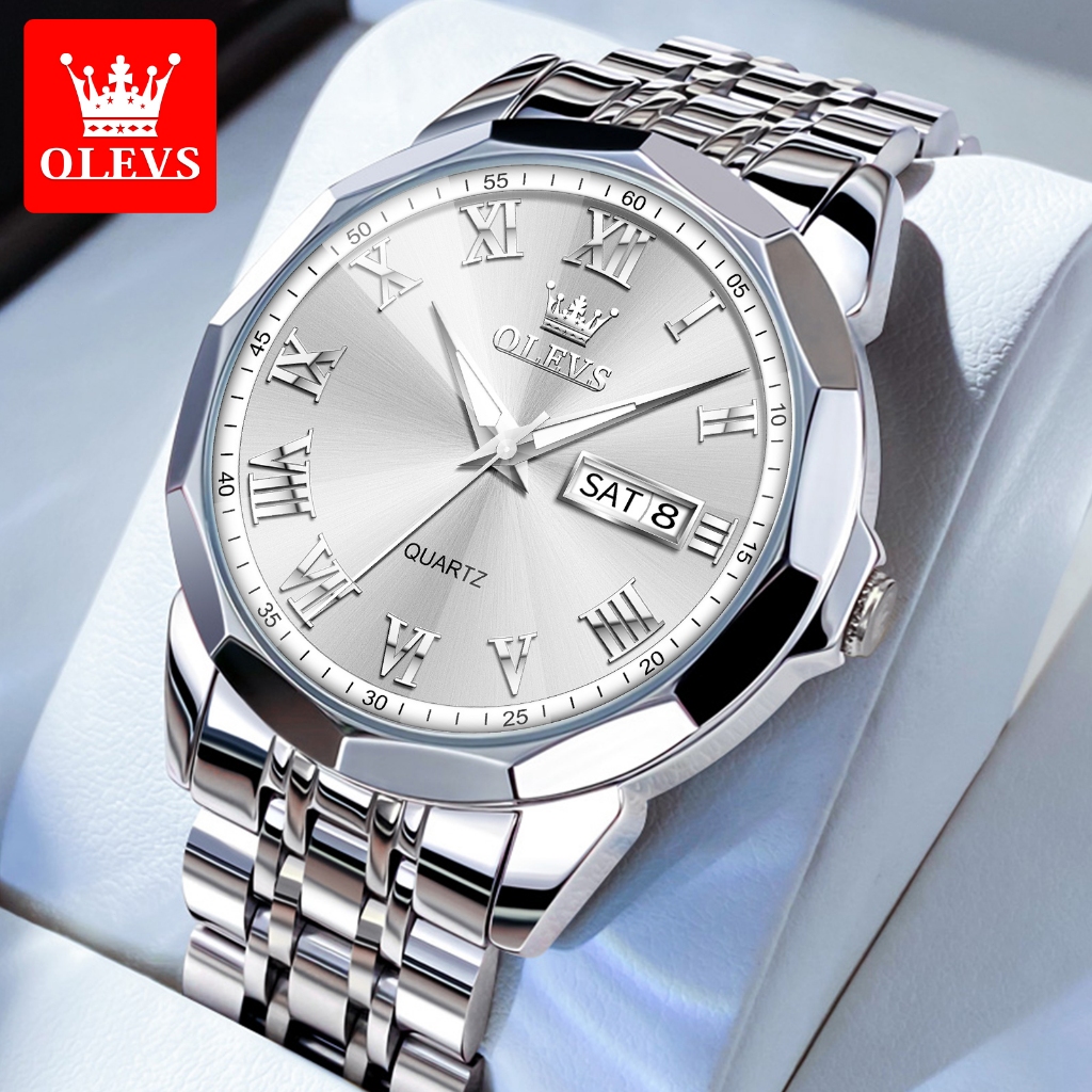 OLEVS Jam Tangan Pria Original Analog Stainless Steel Anti Air Quartz Mewah Jam Tangan Rantai Pria 9