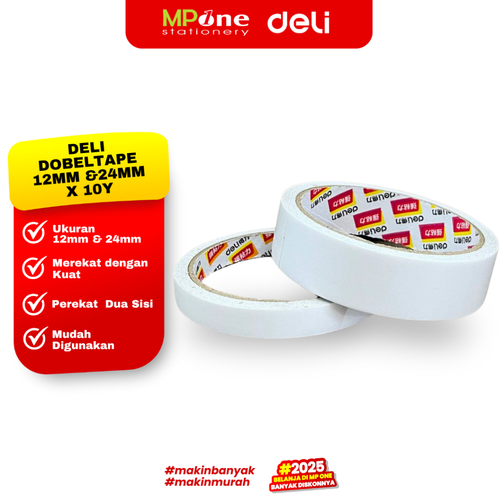 

(1 ROLL) Deli Dobel Tape 12mm & 24mm x 10Y / Isolasi Dua Sisi / Doubletip Ukuran 12mm 30401/24mm 30403 DELI