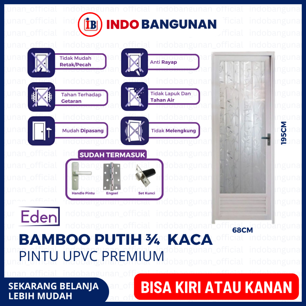 PINTU KAMAR MANDI WC 3/4 KACA ALUMUNIUM KUAT TAHAN CUACA 65X198 EDEN BAMBOO PUTIH