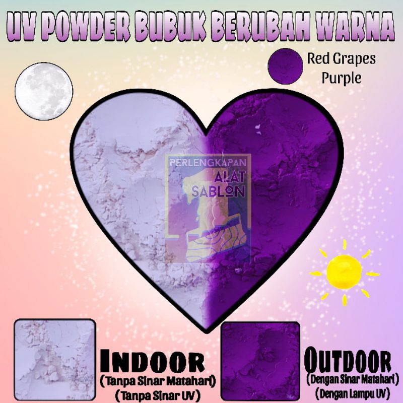 

PIGMEN BUBUK CAHAYA UV SINAR MATAHARI PHOTOCHROMIC RED GRAPES PURPLE 2GR