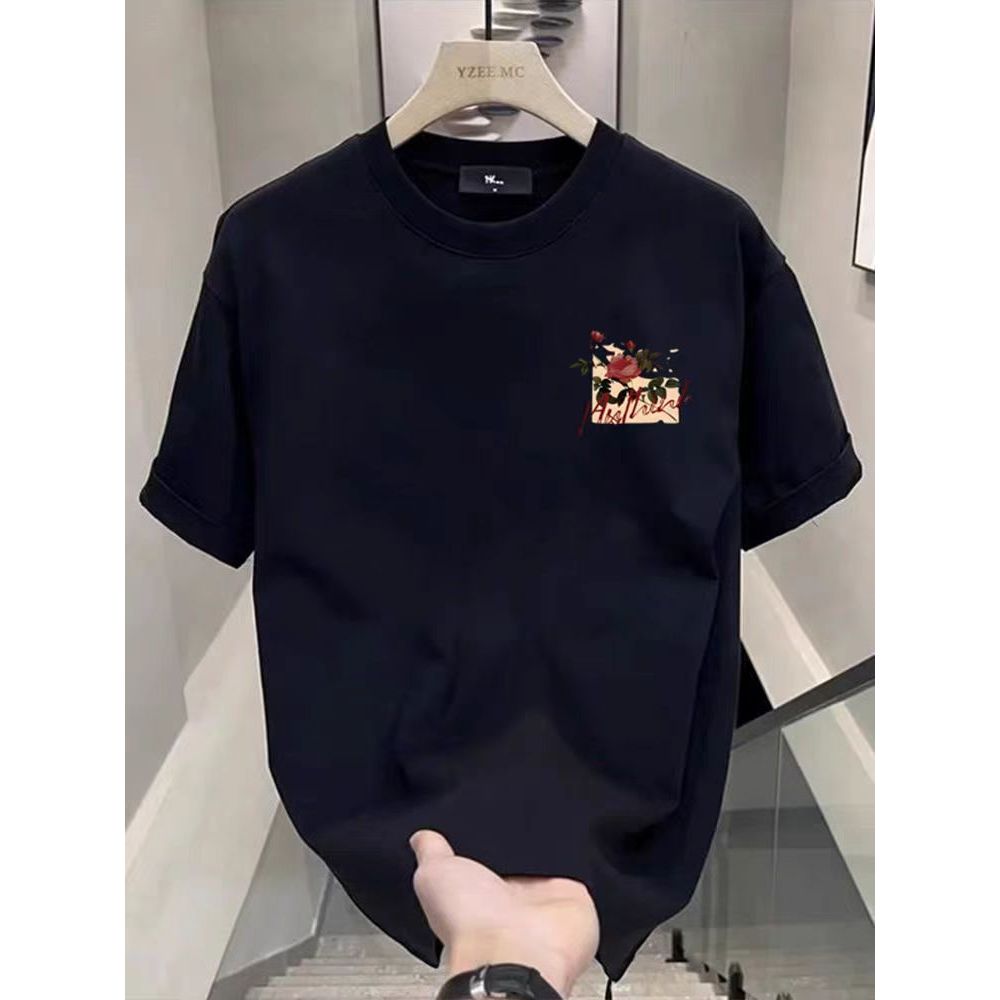 【YZEE MC Original】Kaos Putih/Hitam - Desain Bunga Mawar & Daun di Dada + Tulisan Aesthetic (Bahan Ka