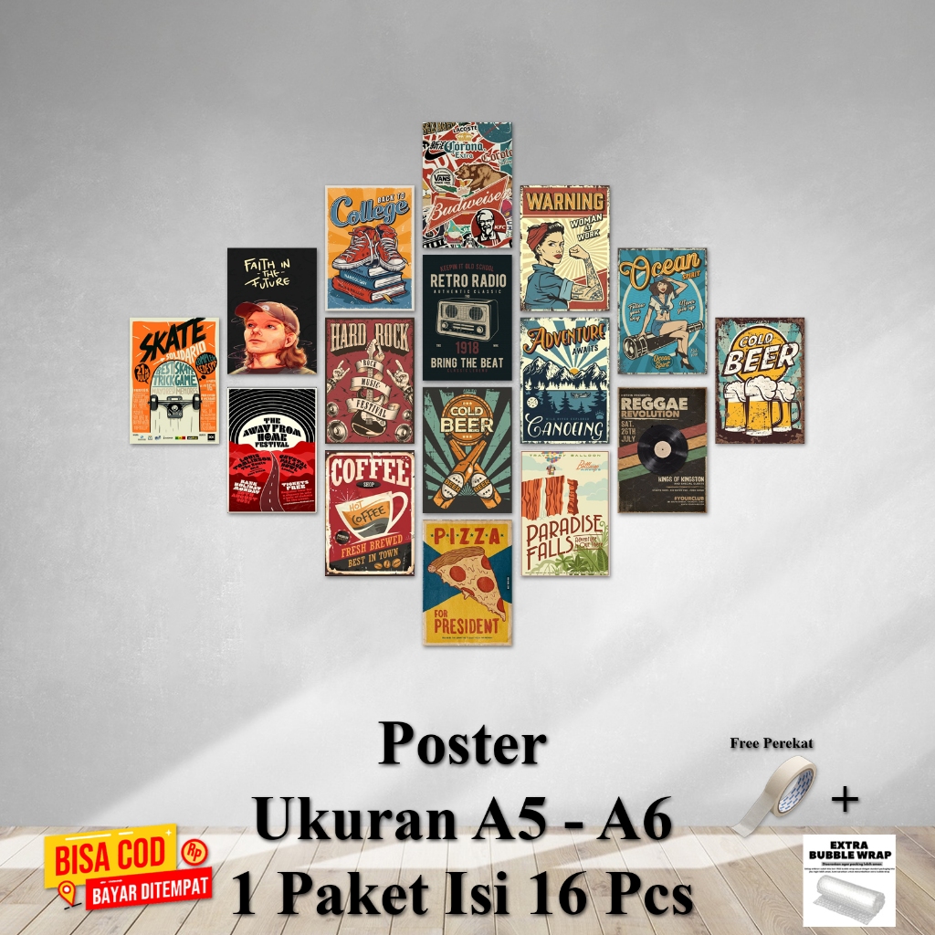 Poster Dinding Kamar Tema VINTAGE Ukuran A5 A6 1 Paket isi 16 Pcs Hiasan Dinding Kamar Dekorasi Kama