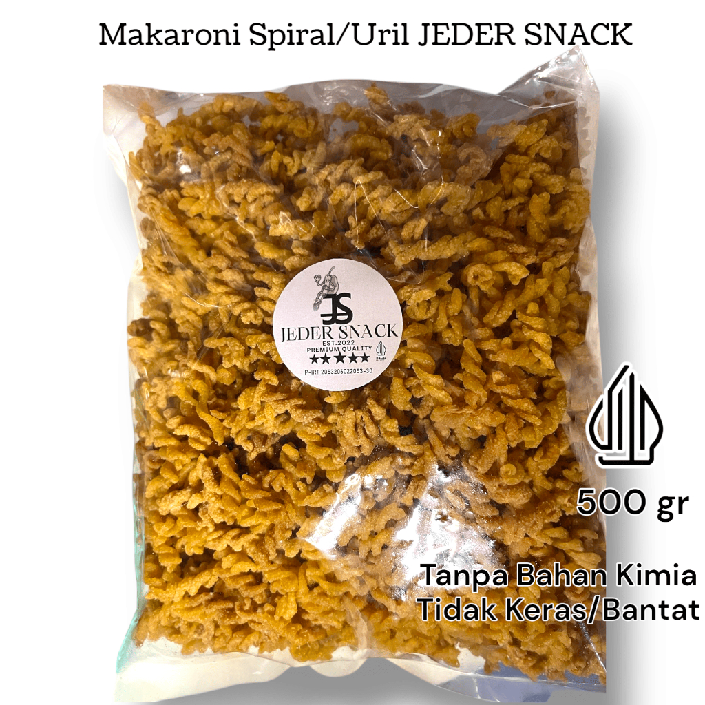 

Makaroni Uril/Spiral 1kg Kiloan Asin Gurih Pedas Kering Kriuk Asyik Cemilan JEDER SNACK Food Crispy