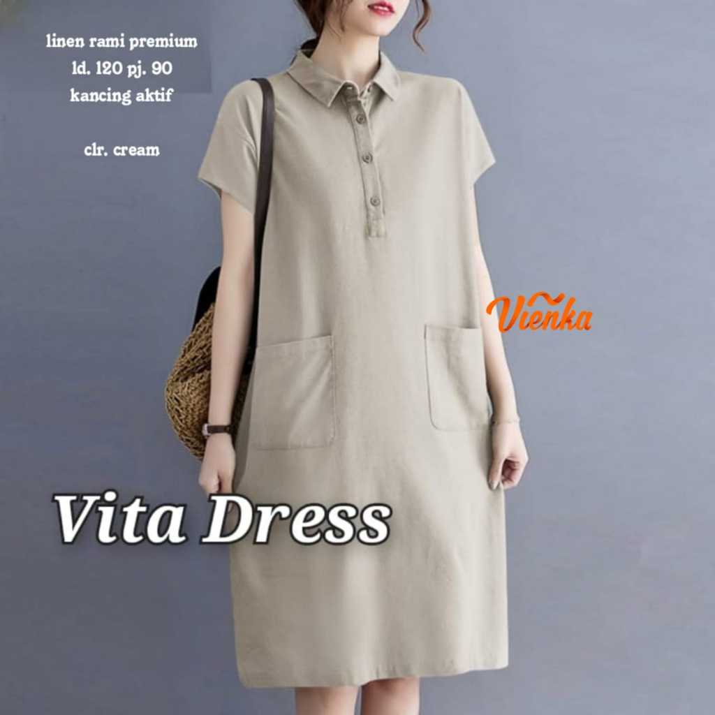 Daily dress jumbo linen lengan pendek vita midi