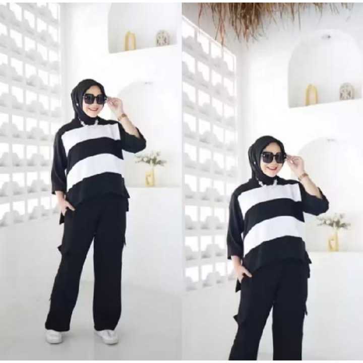 CUCI GUDANGSETELAN BLASTER CARGO SETELAN ONESET STRIP TERLARIS / KAIN BAGUS CRINKLE AIRFLOW