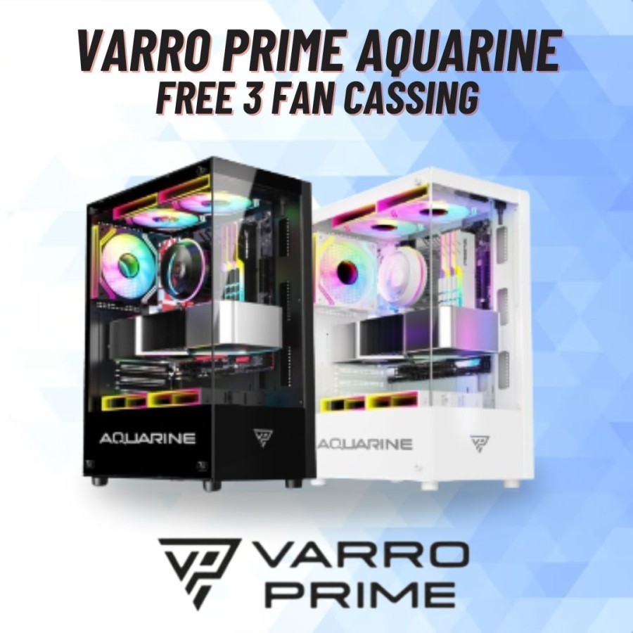 Casing PC Gaming Varro Prime Aquarine ATX Free 3Fan RGB Tempred Glass