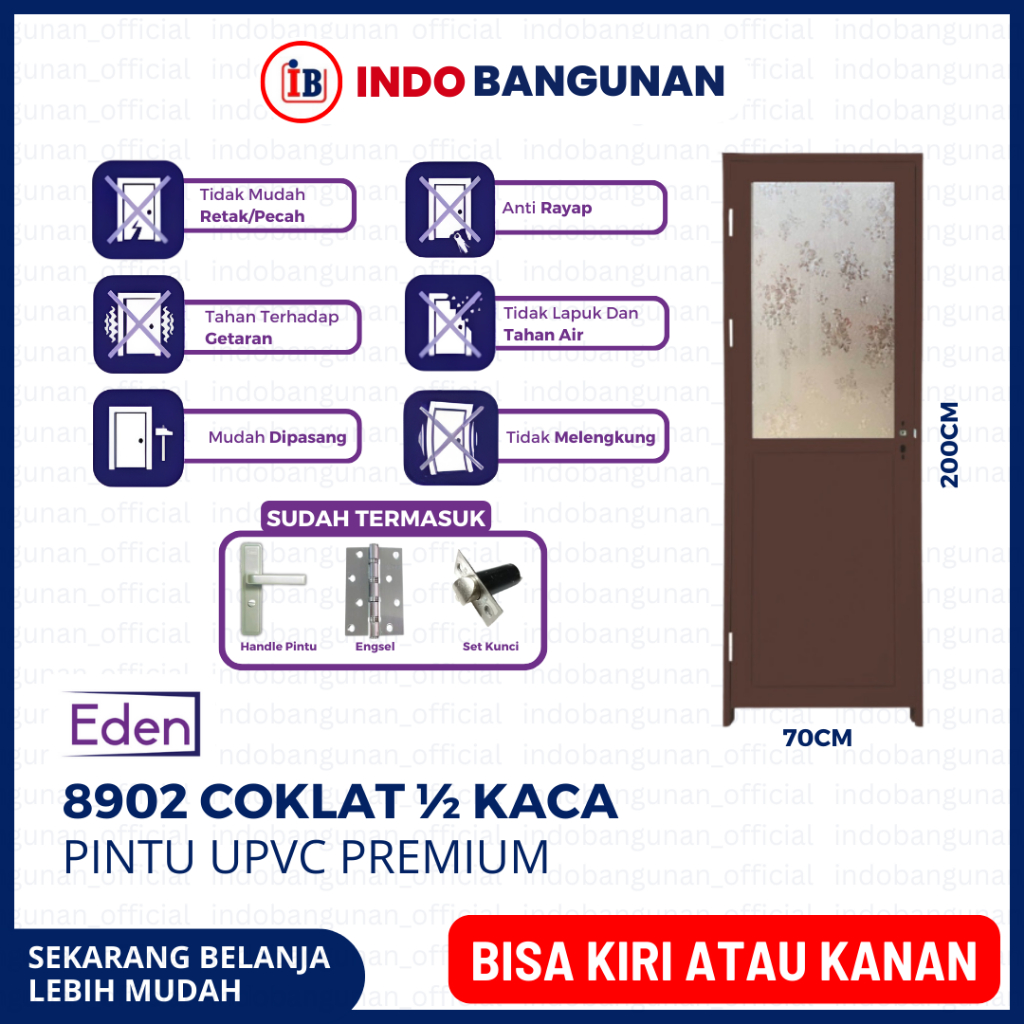 PINTU KAMAR MANDI WC 1/2 KACA ALUMUNIUM KUAT TAHAN CUACA 70X200 EDEN 8902 COKLAT