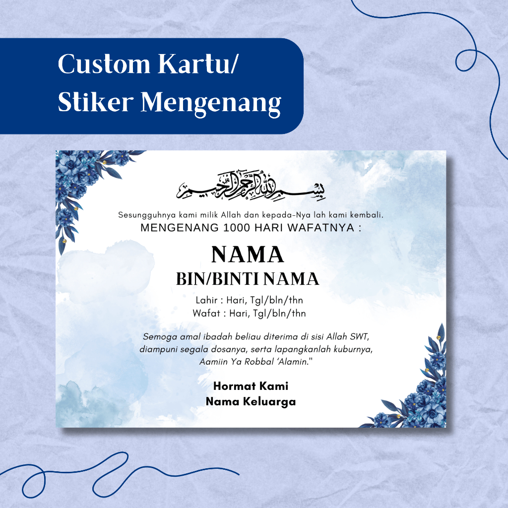 Kartu/ Stiker Mengenang 40/100/1000 Hari Wafatnya, Custom Stiker Tahlilan Mengenang Wafatnya