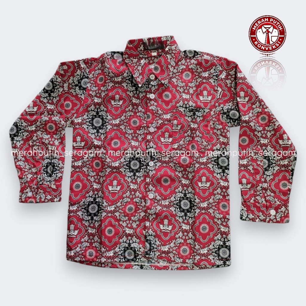 Baju Batik SD Merah Nasional Lengan Panjang Anak Laki Laki & Perempuan