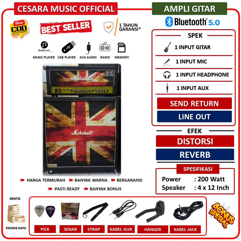 Ampli Gitar & Bass 4x12 Inch bluetooth bisa untuk karaoke 3 Input Marshall Head Cabinet JCM 900 Cove