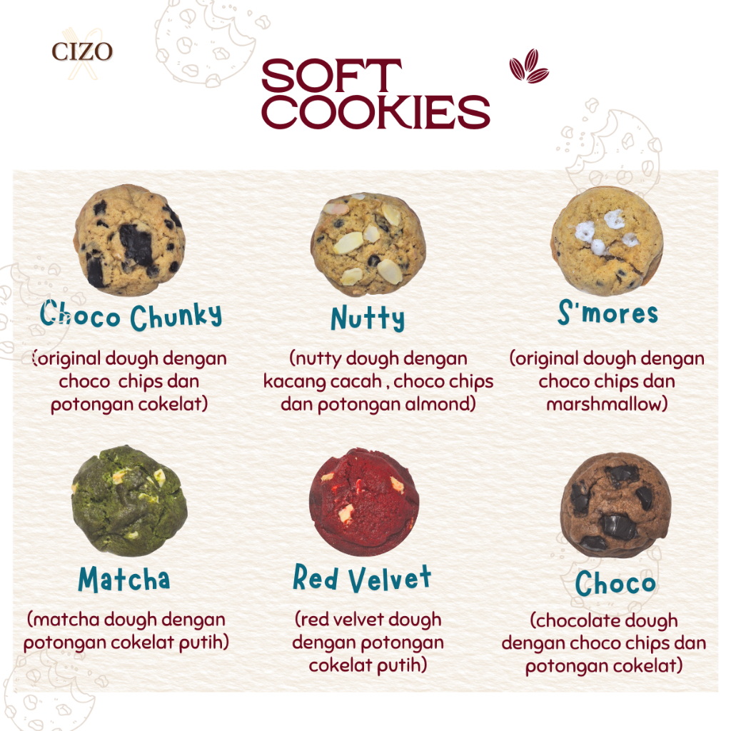 

CIZO - Soft Cookies [3 PCS DAN 6 PCS] // Cookies // Cemilan // Kue Kering // Cookie // Matcha // Coklat // Red Velvet // Kacang // Jajan // Cookies Jakarta // Hampers // Kado // Soft Cookies Jakarta // Soft Cookies Enak // Hadiah // Makanan Ringan // Kue