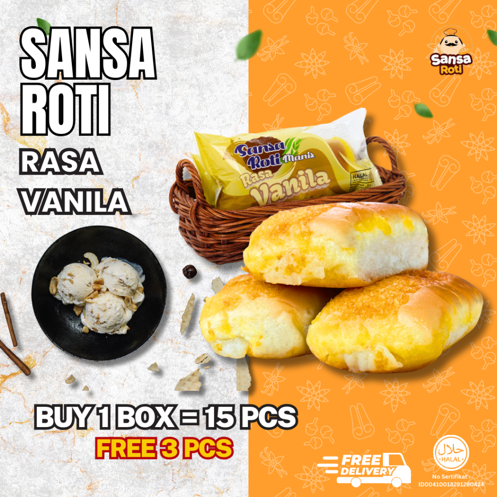 

Sansa Roti Rasa Vanilla isi 15 Pcs + (FREE 3 PCS) | Cemilan Roti Vanila Bertekstur Lembut dan Halal