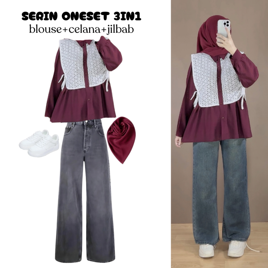 oneset 3in1 blouse rompi broklat maroon celana jeans kulot highwaist snowblack jilbab bella maroon |