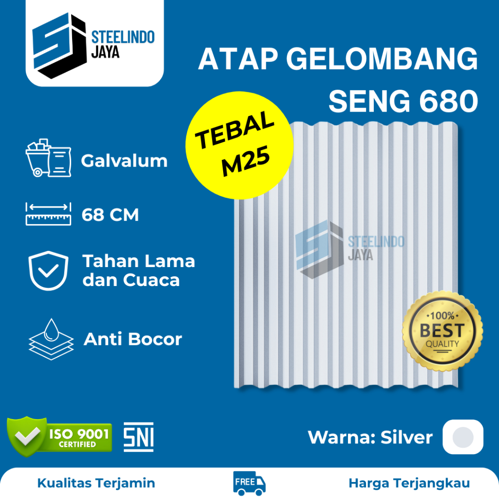 Atap Seng Gelombang Galvalum Silver Lebar 680mm Tebal 0,25mm (M025) Panjang 1 - 6 Meter