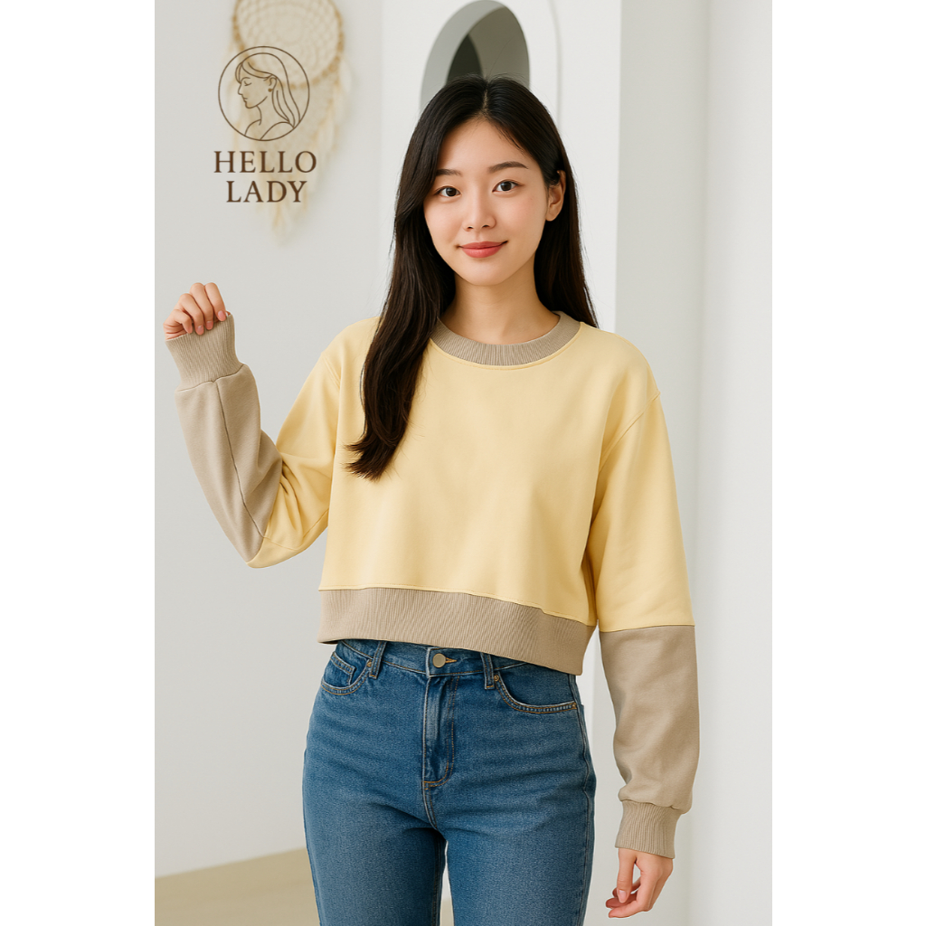 RAYA Crop Top Wanita Kekinian – Bahan Fleece Tebal, Lengan Panjang, Warna Cream & Milo