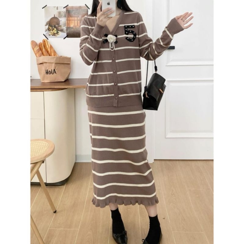 S7580 Pakaian Set setelan stelan oneset wanset rajut garis stripe striped knit knitted import premiu