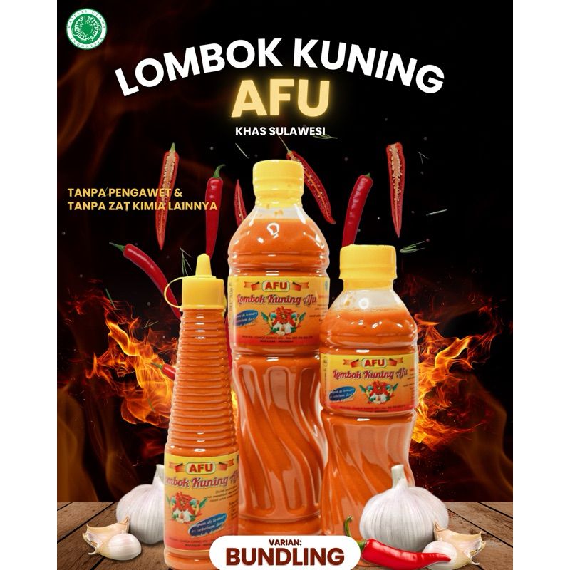

PAKET, LOMBOK KUNING AFU Khas MAKASSAR SEMUA KEMASAN, 600ml, 330ml, 140ml