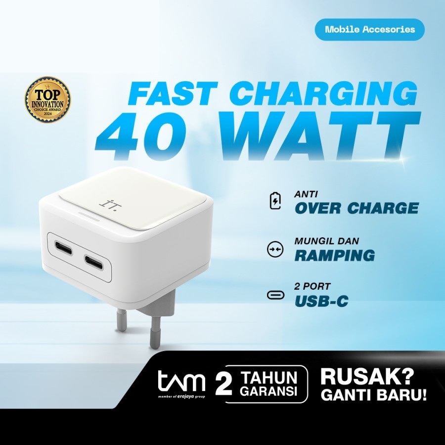 Plug IT 40 Watt Wall Charger - White   IT Plug 40 Watt Dual Port USB C FAST Charging Universal Charg